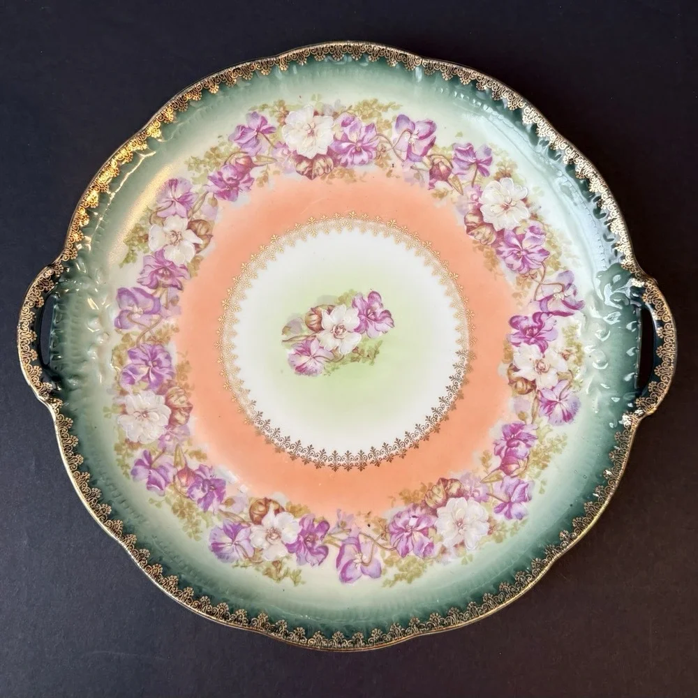 Antique Bavaria Z S & Co Floral Cake Plate Gold Trim Handles‎ Green Pink Peach